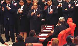 Secularists jeering Sister Merve Kavakci (bottom right)  to get out of parliament